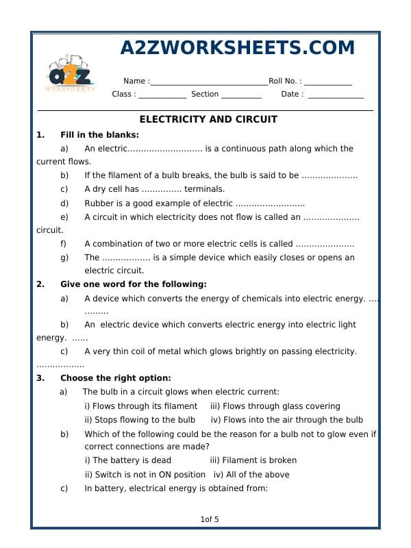 A2ZWorksheets:Science-Basic Necessities-Electricity And Current