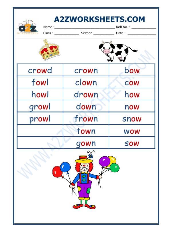 A2ZWorksheets:English-Reading-English Phonics Sounds - 'Ow' Sound Words