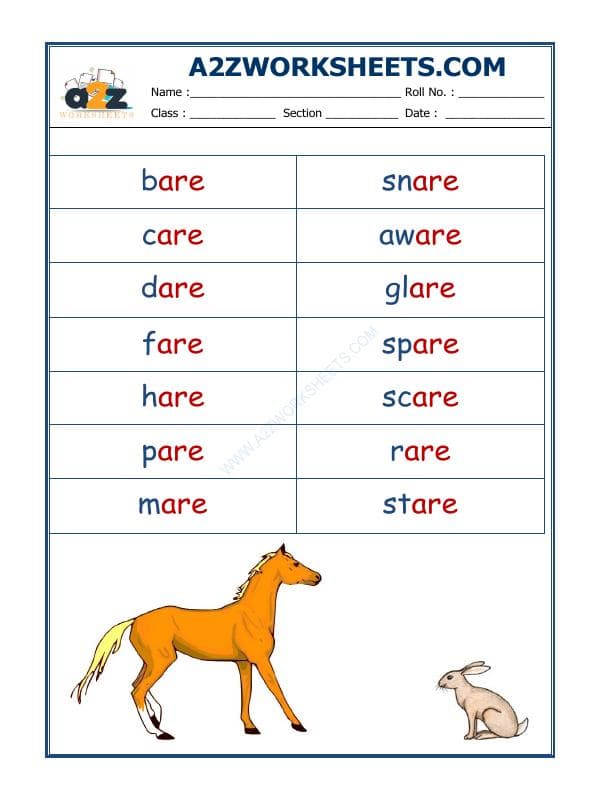 A2ZWorksheets:English-Reading-English Phonics Sounds - 'Are' Sound Words