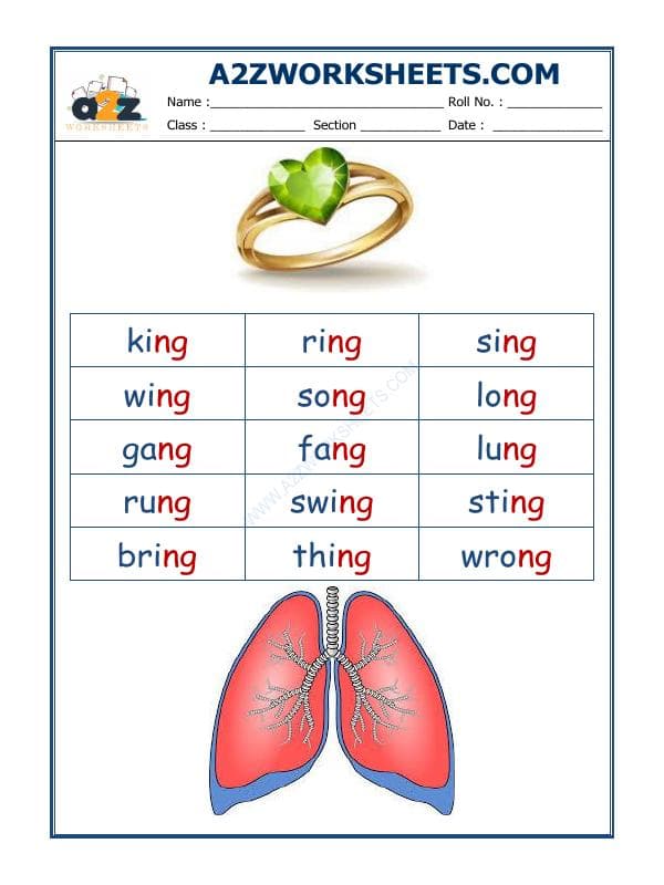 A2ZWorksheets:English-Reading-English Phonics Sounds - 'Ng' Sound Words