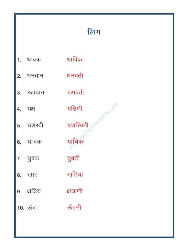 A2ZWorksheets:Language-Hindi-Hindi Grammar- Ling Badlo (Gender)