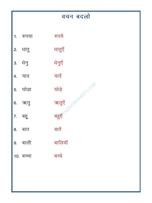 A2ZWorksheets:Language-Hindi-Hindi Grammar- Vachan Badlo (Singular Plural)
