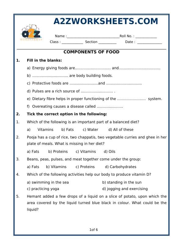 A2ZWorksheets:Science-Basic Necessities-Components Of Food