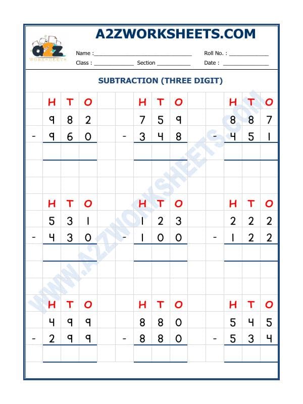 A2ZWorksheets:Maths-Subtraction-Subtraction - 3 Digit Subtraction