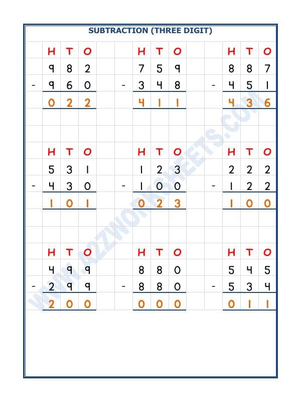 A2ZWorksheets:Maths-Subtraction-Subtraction - 3 Digit Subtraction