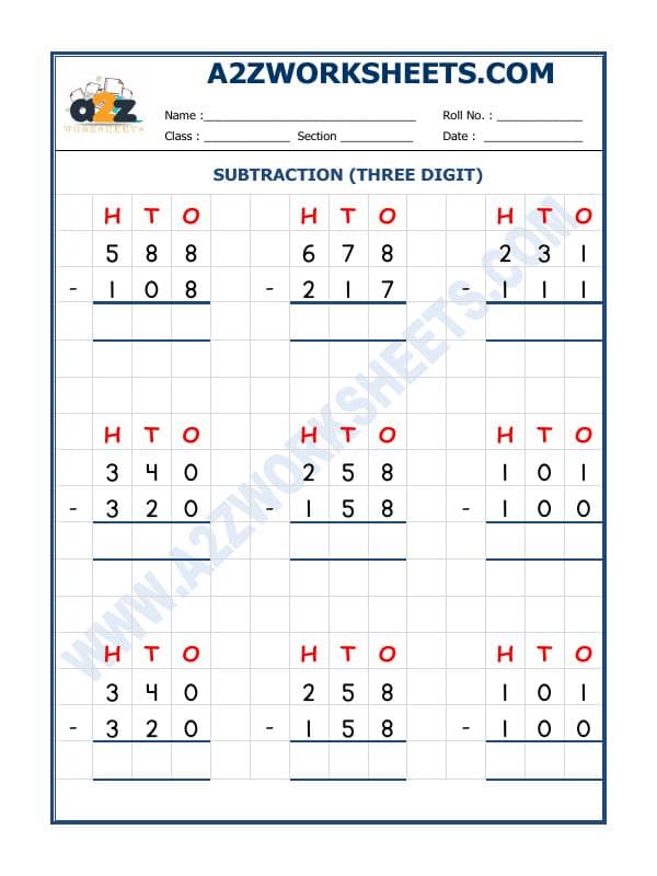 A2ZWorksheets:Maths-Subtraction-Subtraction - 3 Digit Subtraction-02