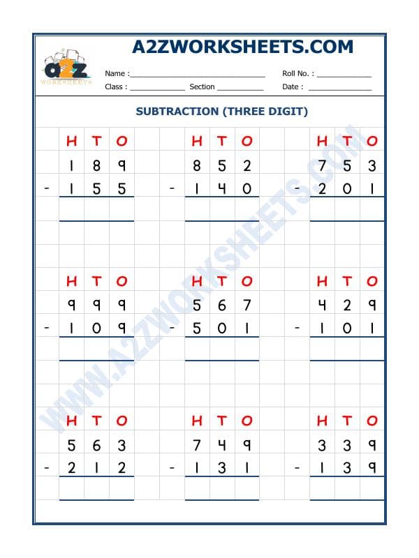 A2ZWorksheets:Maths-Subtraction-Subtraction - 3 Digit Subtraction-04