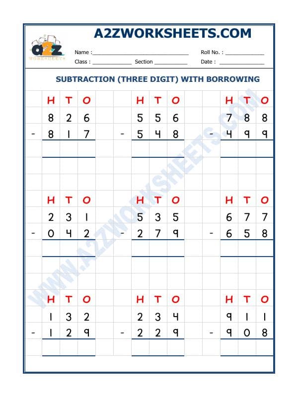 A2ZWorksheets:Maths-Subtraction-Subtraction - 3 Digit Subtraction (With Borrowing)