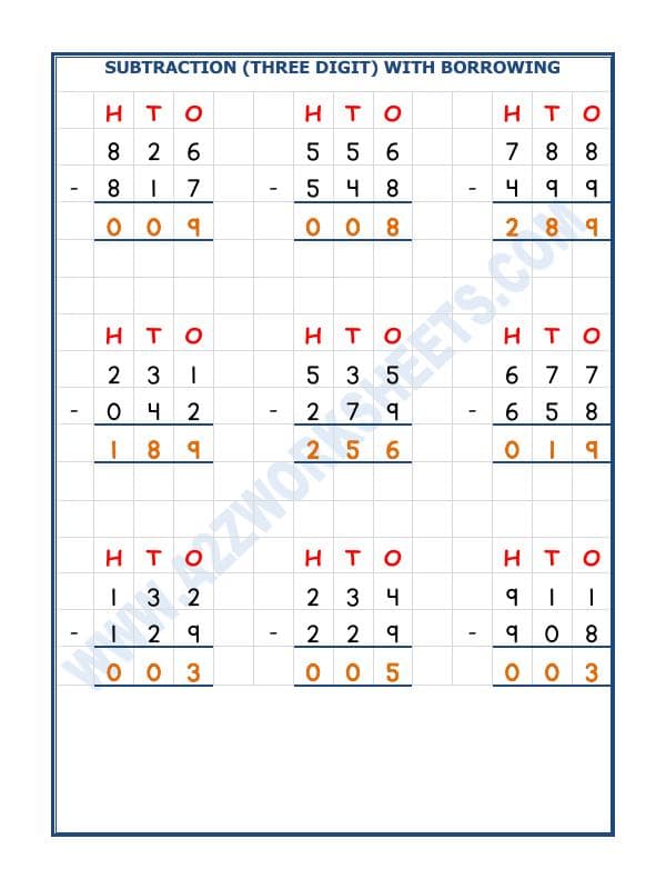 A2ZWorksheets:Maths-Subtraction-Subtraction - 3 Digit Subtraction (With Borrowing)
