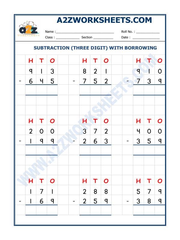A2ZWorksheets:Maths-Subtraction-Subtraction  - 3 Digit Subtraction (With Borrowing) - 02
