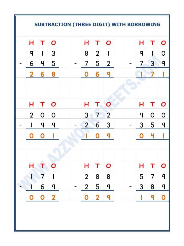 A2ZWorksheets:Maths-Subtraction-Subtraction  - 3 Digit Subtraction (With Borrowing) - 02