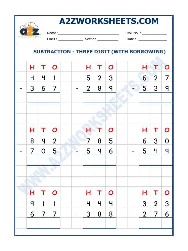 A2ZWorksheets:Maths-Subtraction-Subtraction - 3 Digit Subtraction (With Borrowing) - 03