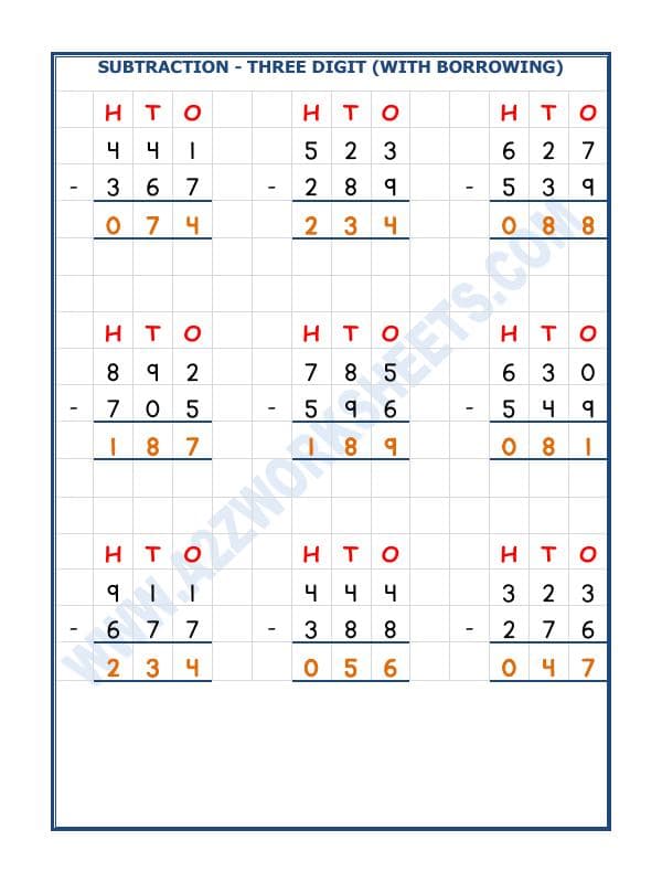 A2ZWorksheets:Maths-Subtraction-Subtraction - 3 Digit Subtraction (With Borrowing) - 03
