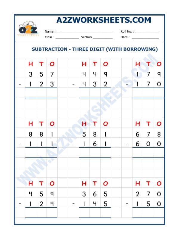 Subtraction - 3 Digit Subtraction (With Borrowing) - 04