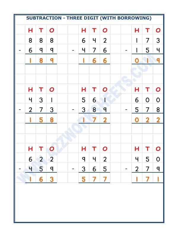 A2ZWorksheets:Maths-Subtraction-Subtraction - 3 Digit Subtraction (With Borrowing) - 04