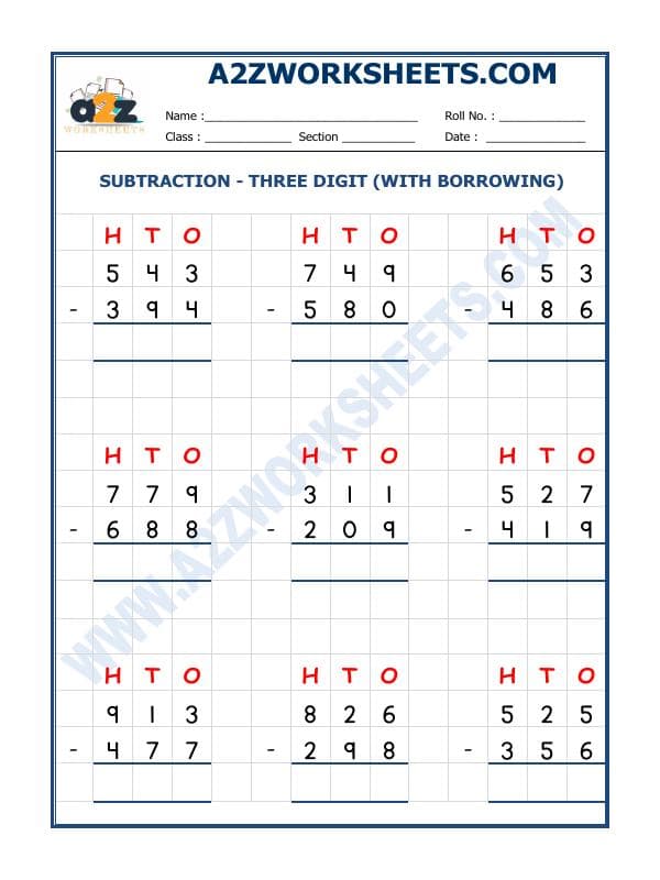 A2ZWorksheets:Maths-Subtraction-Subtraction - 3 Digit Subtraction (With Borrowing) - 05
