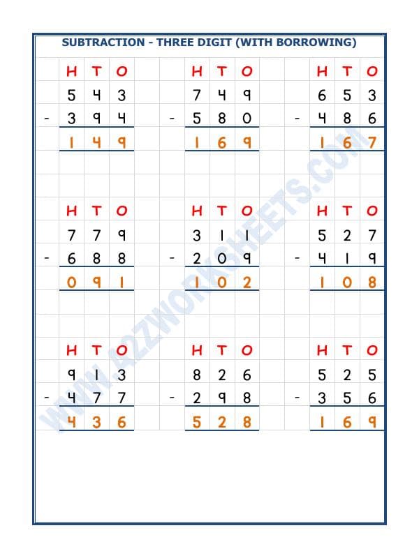 A2ZWorksheets:Maths-Subtraction-Subtraction - 3 Digit Subtraction (With Borrowing) - 05