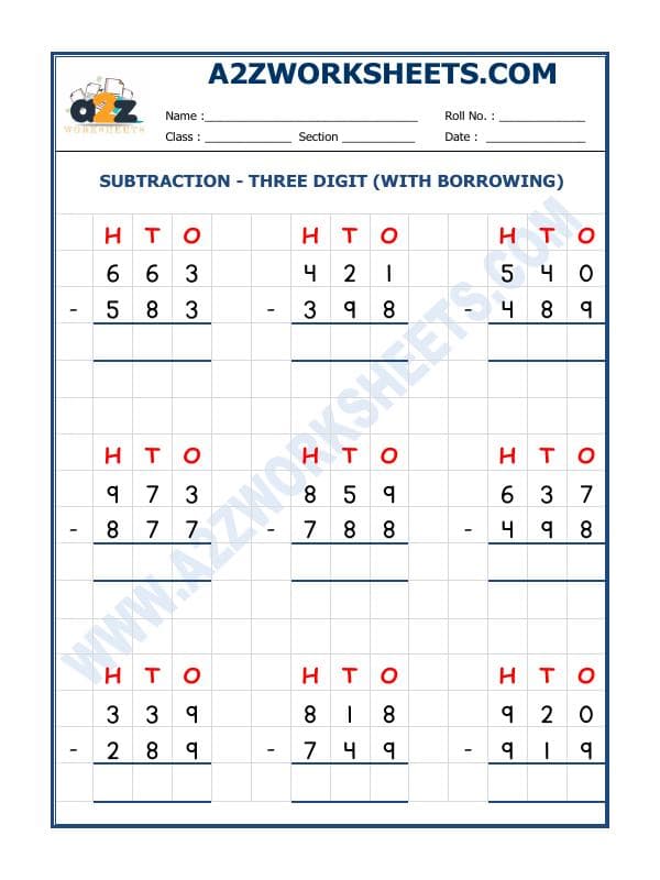 Subtraction - 3 Digit Subtraction (With Borrowing) - 06