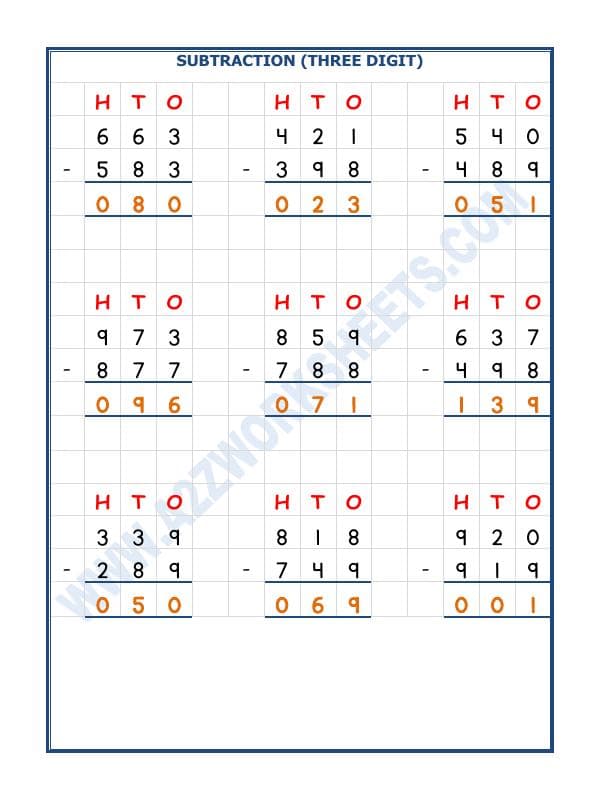 A2ZWorksheets:Maths-Subtraction-Subtraction - 3 Digit Subtraction (With Borrowing) - 06