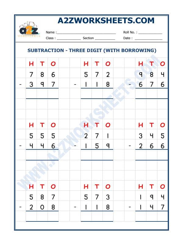 A2ZWorksheets:Maths-Subtraction-Subtraction - 3 Digit Subtraction (With Borrowing) - 07