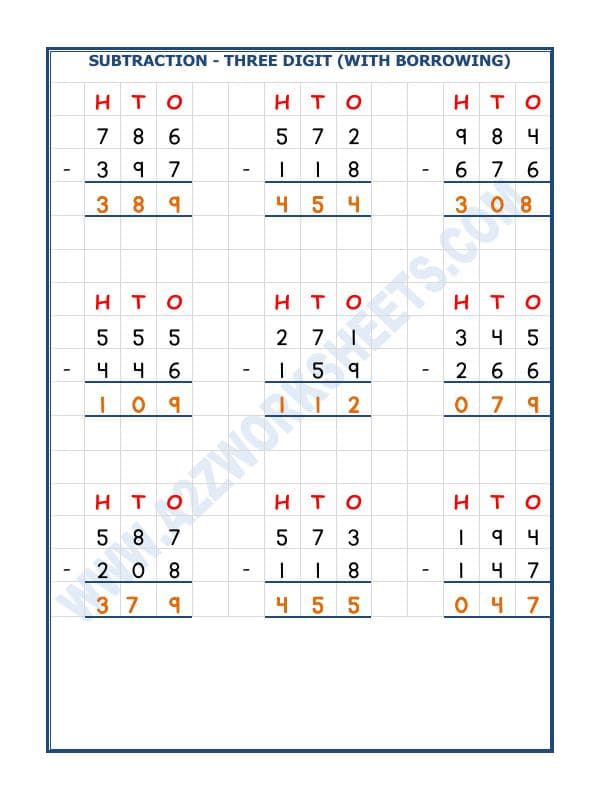 A2ZWorksheets:Maths-Subtraction-Subtraction - 3 Digit Subtraction (With Borrowing) - 07