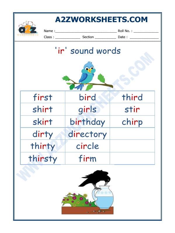 A2ZWorksheets:English-Reading-English Phonics Sounds - 'Ir' Sound Words
