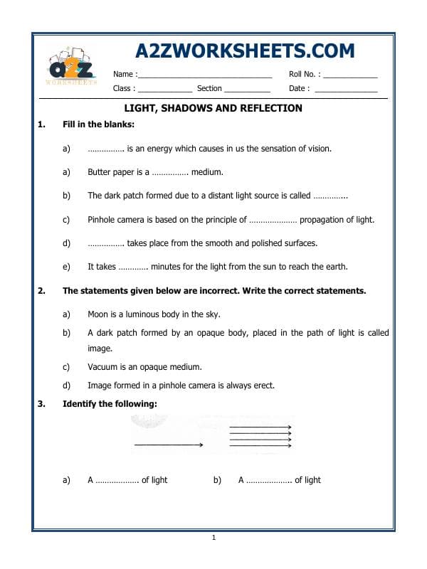 A2ZWorksheets:Science-Light,Shadows And Reflection-Light, Shadows And Reflection