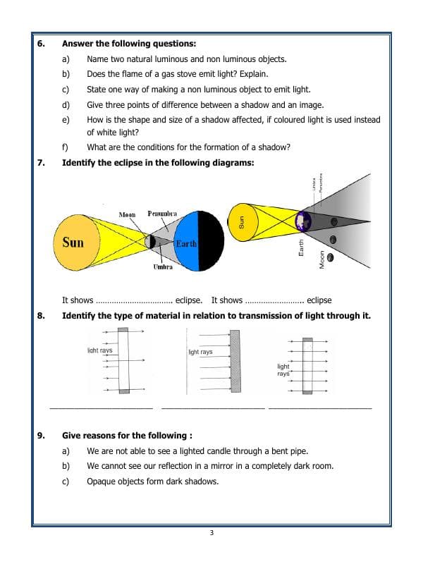 A2ZWorksheets:Science-Light,Shadows And Reflection-Light, Shadows And Reflection
