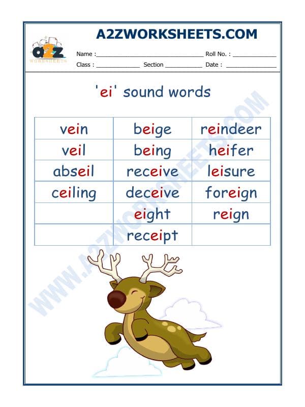 A2ZWorksheets:English-Reading-English Phonics Sounds - 'Ei' Sound Words