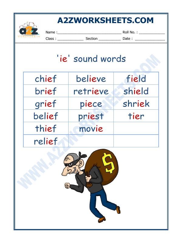 A2ZWorksheets:English-Reading-English Phonics Sounds - 'Ie' Sound Words