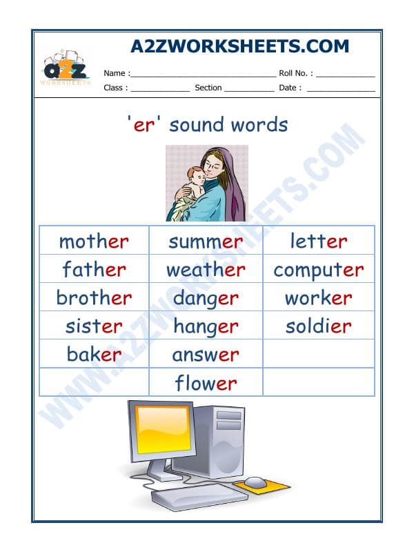 A2ZWorksheets:English-Reading-English Phonics Sounds - 'Er' Sound Words