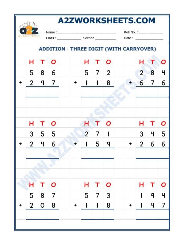 A2ZWorksheets:Maths-Addition-Addition - 3 Digit Addition (With Carryover)-01