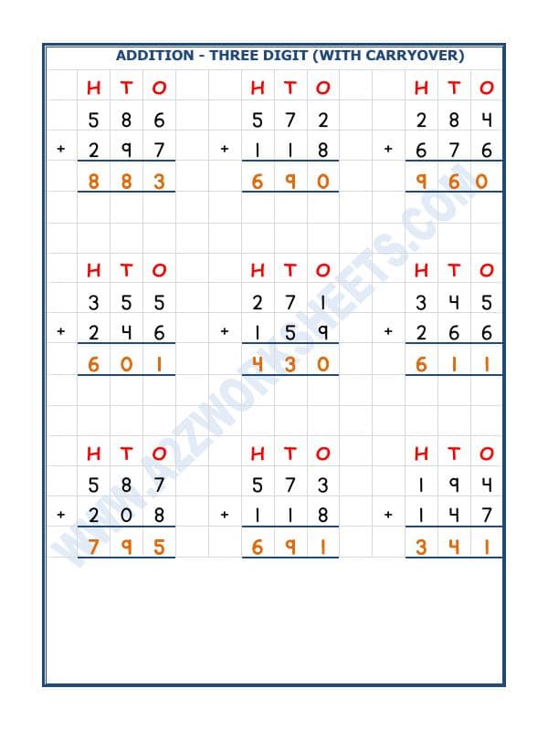 A2ZWorksheets:Maths-Addition-Addition - 3 Digit Addition (With Carryover)-01