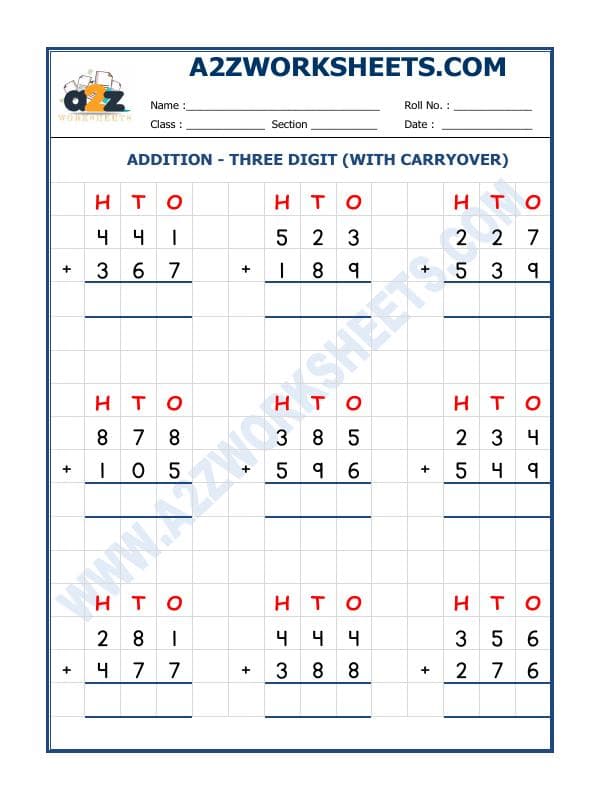 A2ZWorksheets:Maths-Addition-Addition - 3 Digit Addition (With Carryover)-03