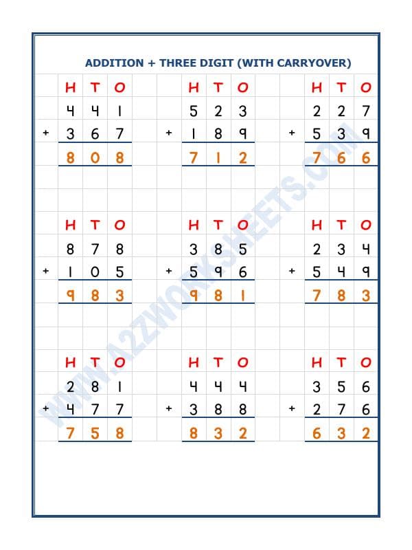 A2ZWorksheets:Maths-Addition-Addition - 3 Digit Addition (With Carryover)-03