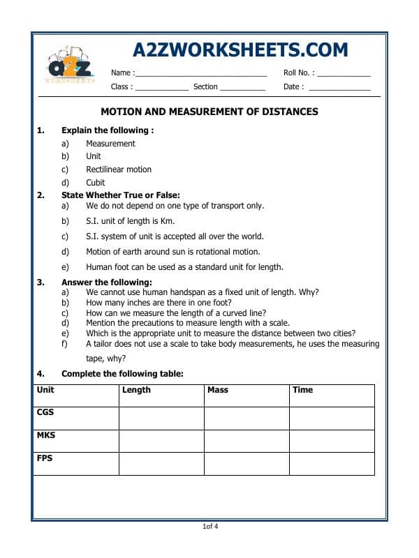 A2ZWorksheets:Science-Motion and Measurement of Distances-Motion And Measurement Of Distances