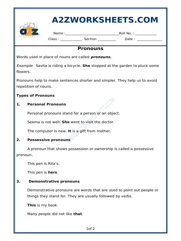 A2ZWorksheets:English-Grammar-Pronouns