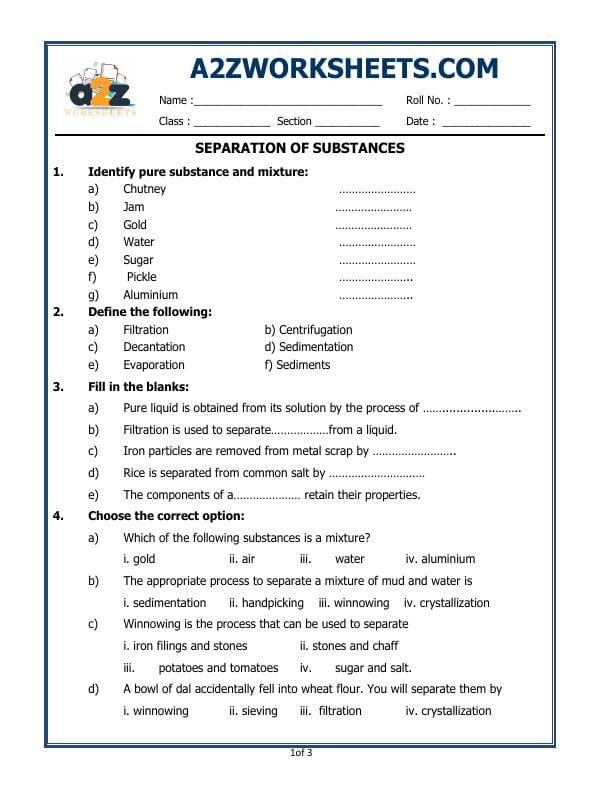 A2ZWorksheets:Science-Metals and Non-metals-Separation Of Substances