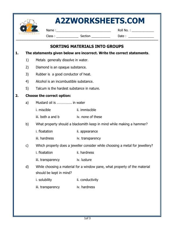 A2ZWorksheets:Science-Metals and Non-metals-Sorting Materials Into Groups