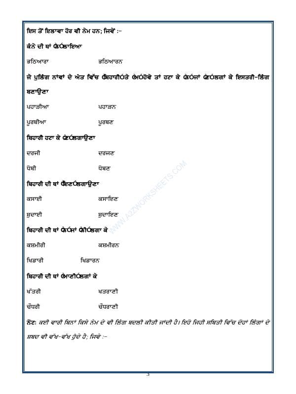 A2ZWorksheets:Language-Punjabi-Punjabi Grammar - Ling Badlo (Rules While Changing The Gender In Punjabi)
