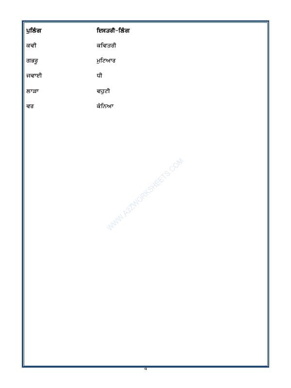 A2ZWorksheets:Language-Punjabi-Punjabi Grammar - Ling Badlo (Rules While Changing The Gender In Punjabi)