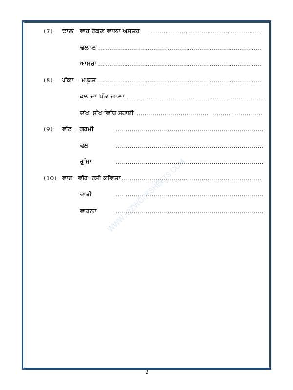 A2ZWorksheets:Language-Punjabi-Punjabi Grammar - Bahu Arthak Shabad In Punjabi