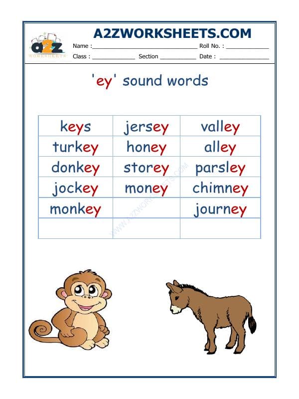 A2ZWorksheets:English-Reading-English Phonics Sounds - 'Ey' Sound Words