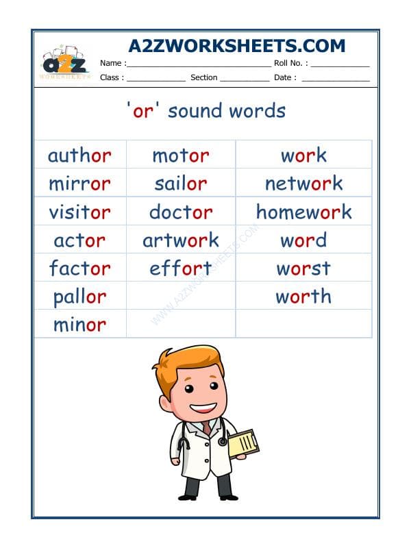 A2ZWorksheets:English-Reading-English Phonics Sounds - 'Or' Sound Words