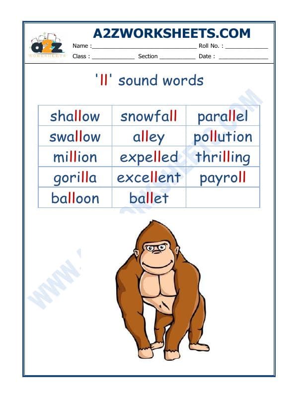 A2ZWorksheets:English-Reading-English Phonics Sounds - 'Ll' Sound Words