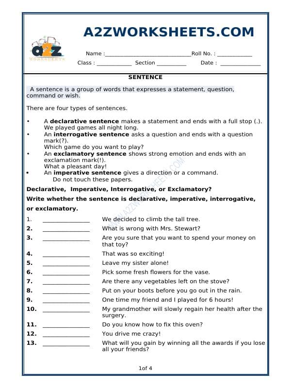 A2ZWorksheets:English-Grammar-Sentence