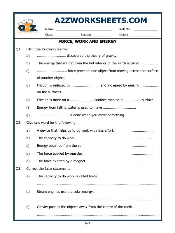 A2ZWorksheets:Science-Motion and Measurement of Distances-Force, Work And Energy