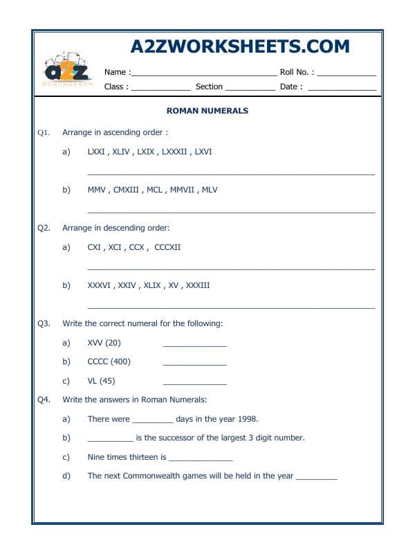 A2ZWorksheets:Maths-Numbers-Roman Numerals-03