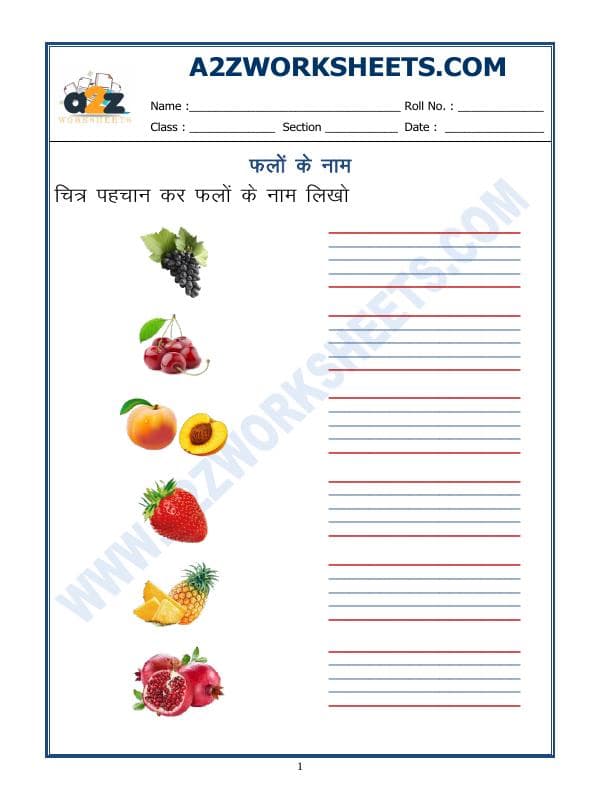 A2ZWorksheets:Language-Hindi-Hindi Worksheet - Name Of Fruits In Hindi - 02