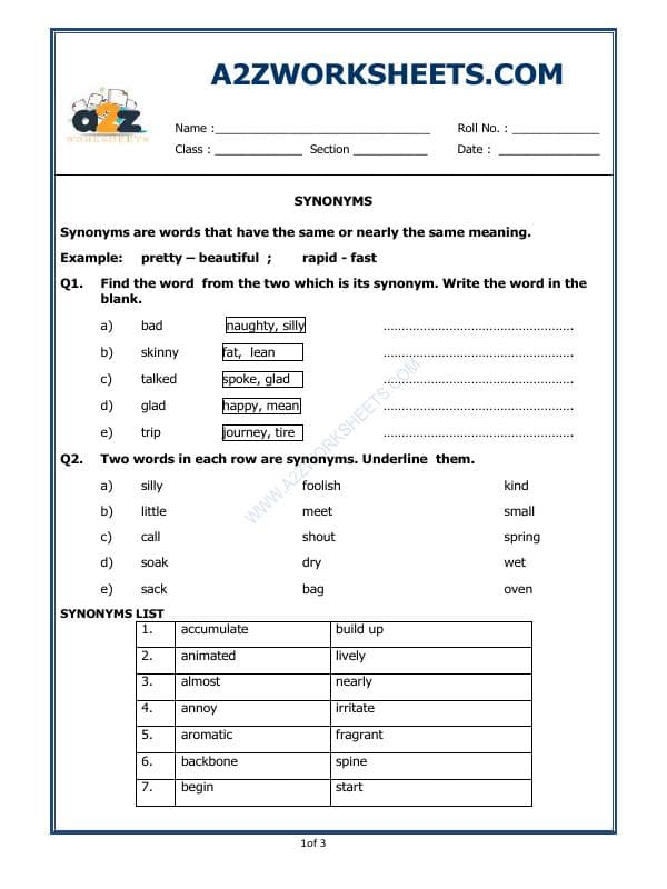 A2ZWorksheets:English-Grammar-Synonyms